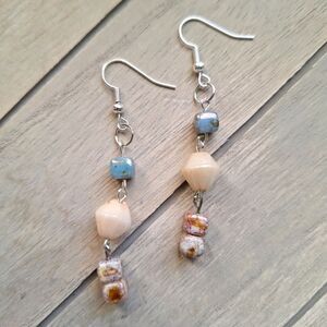 Tan Blue Beachy Silver Plated Earrings Boho Coastal Gifts Handmade Glass Dangle